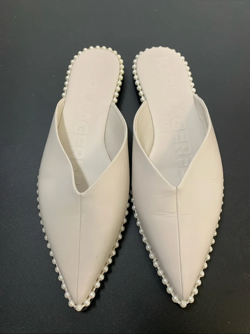 Karl Lagerfeld Pearl-Trim Pointed Slide Mules in Cream